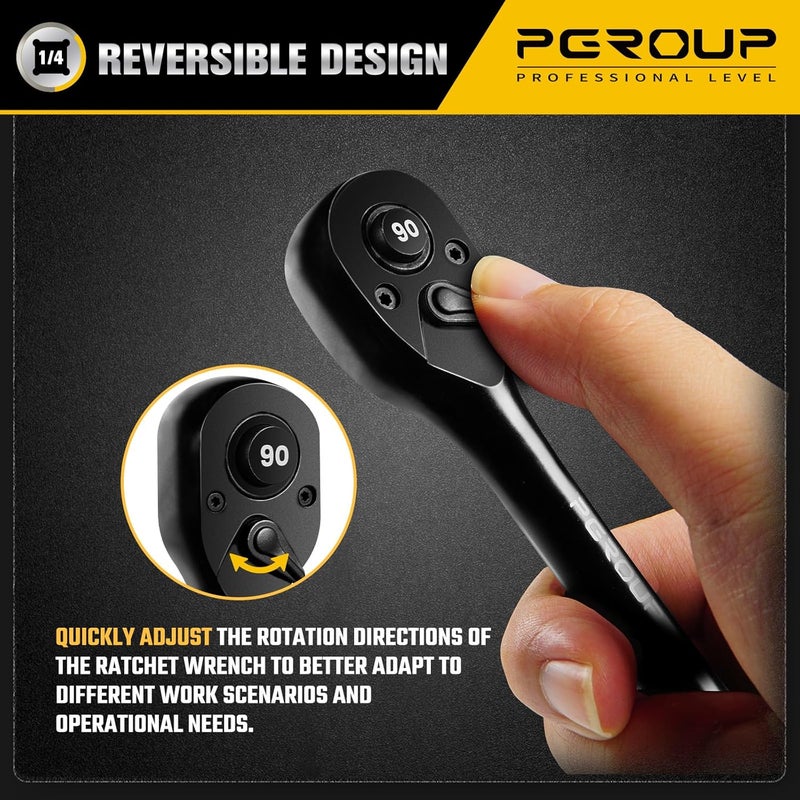 pgroup 1/4-Inch Drive Ratchet Wrench, 90 Tooth Reversible Ratchet, 4-Degree Swing, Ergonomic Handle, Chrome Alloy Made, Quick Release Ratchet Wrench for Repairing, Home, DIY - Image 5
